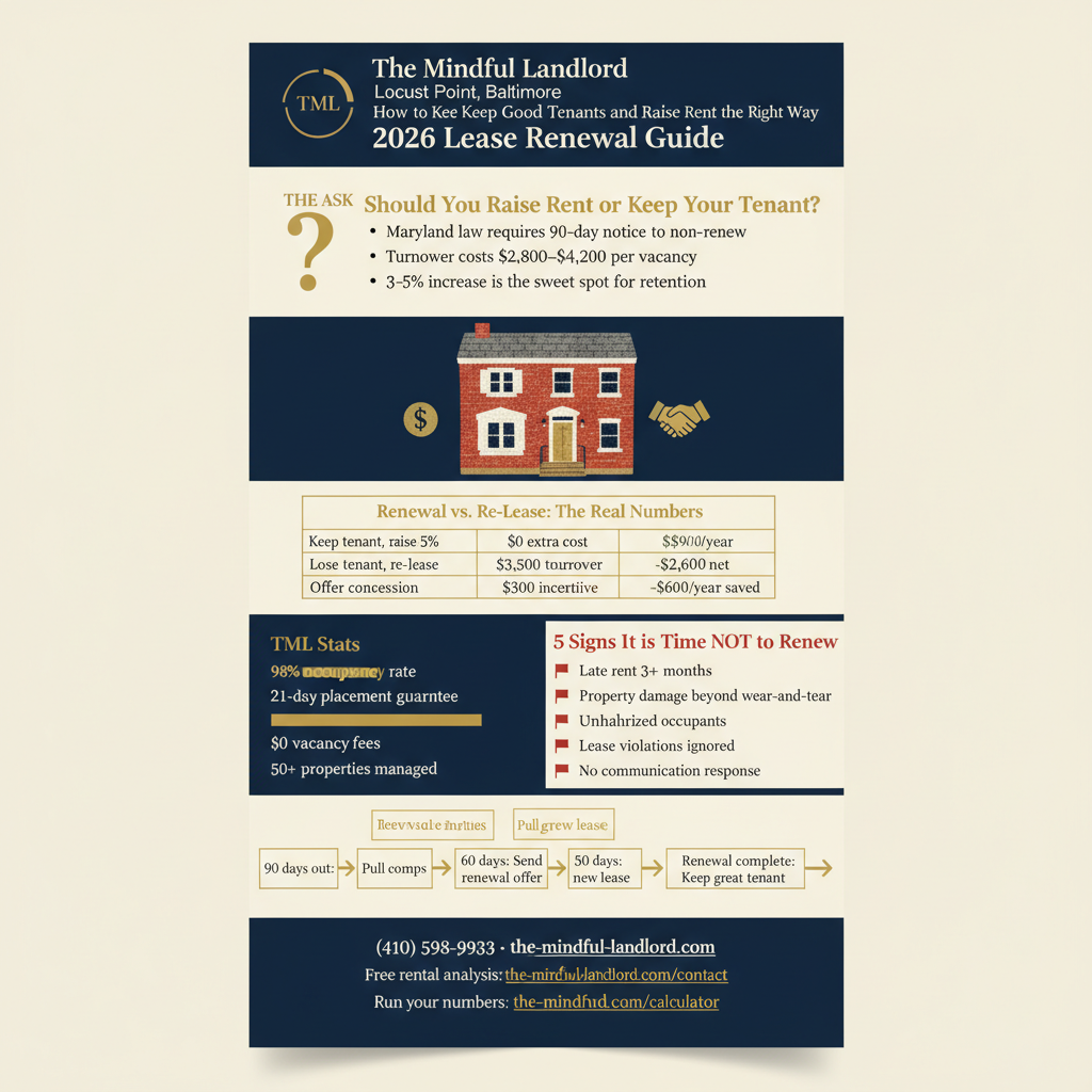 Infographic showing the true cost of tenant turnover in Baltimore versus a lease renewal with a modest rent increase