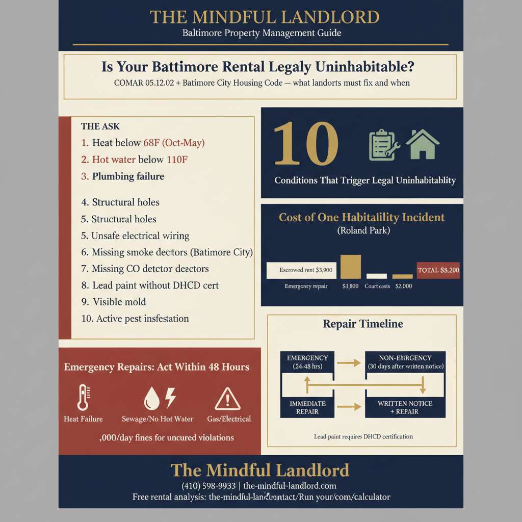 Baltimore rental habitability requirements infographic -- COMAR 05.12.02 and City Housing Code